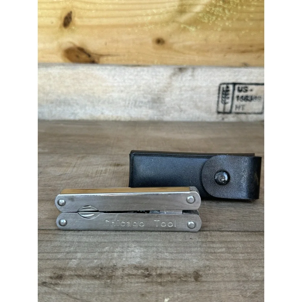 Vintage Chicago Tool‎ Chrome Multitool. With Case Pliers, Knife & Accessories